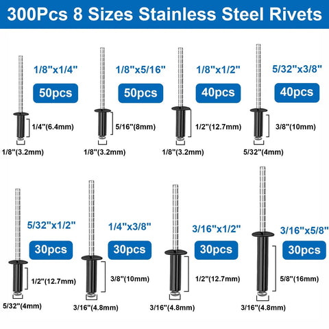 300pcs 8 sizes stainless steel rivets shown with measurements and quantities for diverse applications.