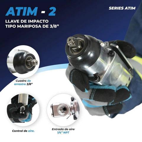 Butterfly Style Pneumatic Impact Wrench With Three Eighth Inch Drive And One Hundred Foot Pound Torque Compact Lightweight Air Tool in hand with 3/8 drive.