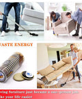 Collage showing Self-Stick Furniture Sliders 16 Pack 2.5 Inch for Carpet and Hard Floors used for moving furniture effortlessly.