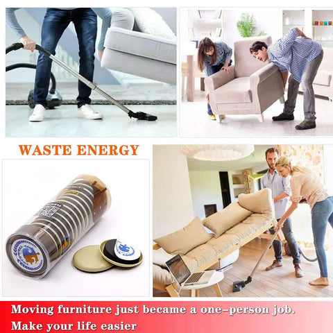 Collage showing Self-Stick Furniture Sliders 16 Pack 2.5 Inch for Carpet and Hard Floors used for moving furniture effortlessly.