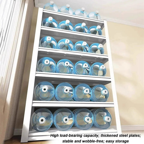 Heavy Duty 4 Tier Metal Garage Storage Shelf Built Like A Tank Carbon Steel Rack With Extra Large Capacity Wobble Free Platform stacked with large water bottles.