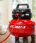 Six Gallon Pancake Air Compressor With 150 Psi Output And 2.6 Cfm Flow, Rock Hard Steel Tank, Padded Carry Strap, Non Slip Base, Hella Reliable Shop Beast For Weekend Grinds And Tailgate Tools In Vibrant Red with a focus on the control panel and hose.