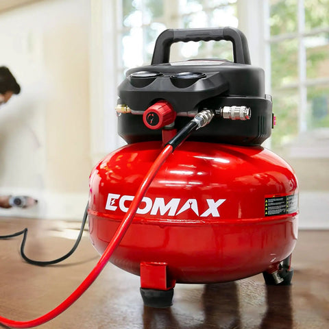 Six Gallon Pancake Air Compressor With 150 Psi Output And 2.6 Cfm Flow, Rock Hard Steel Tank, Padded Carry Strap, Non Slip Base, Hella Reliable Shop Beast For Weekend Grinds And Tailgate Tools In Vibrant Red with a focus on the control panel and hose.