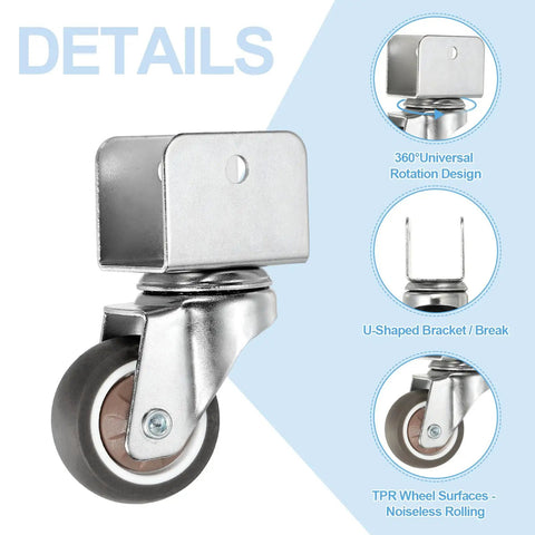 Brown 1.5 Inch Swivel Caster Wheels 4 Pack With U Bracket Heavy Duty Rubber Replacement Casters showing detail of wheel and bracket.