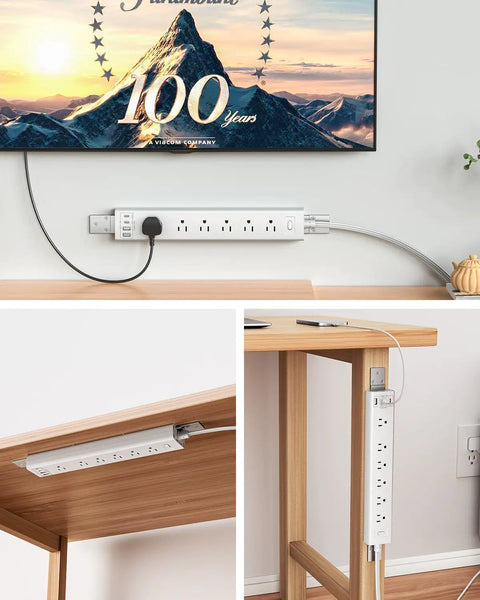 360 Degree Mountable Surge Protector Power Strip With Six Foot Cord Six Electrical Outlets And Four USB Ports Two USB C And Two USB A Flat Plug Extension For Under Desk Wall Or Corner Mount White Finish mounted under desk and wall with 6 outlets and USB ports