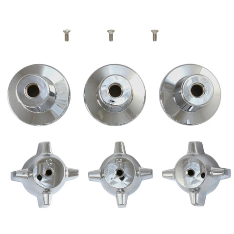 Three-Handle Bathtub And Shower Remodel Kit For Central Brass Faucets With Chrome Knob Handles Includes 10L-11H And 10L-11C Stems 10L-13D Diverter Brass Seats Nipples And Flanges For A DIY Friendly Upgrade shown from top with all components
