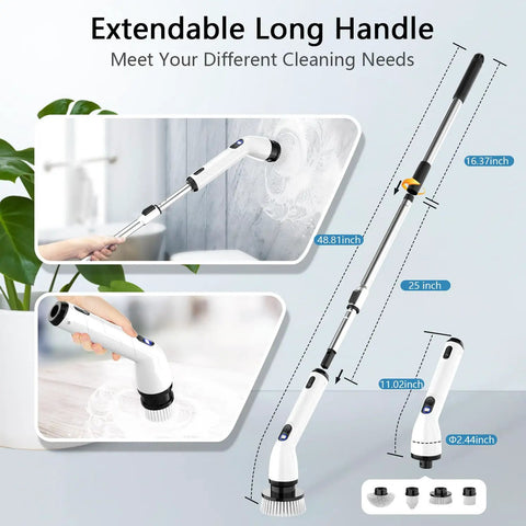 Electric Spin Scrubber Cordless With Full Body IPX7 Waterproof Design LCD Display Adjustable Extension Handle diagram