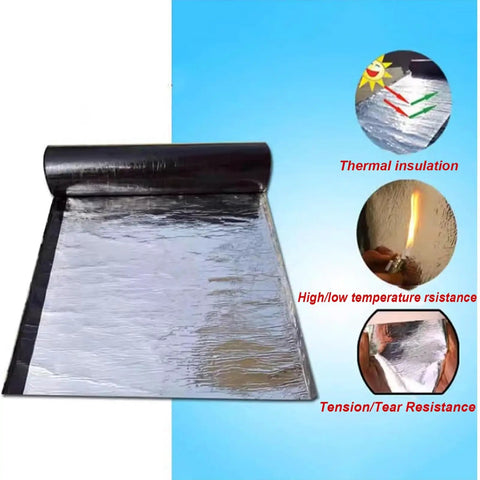 Heavy Duty Self Adhesive Asphalt Roofing Tape Peel And Stick Waterproof Membrane With Thick Aluminum Foil Backing shown unrolled with insulation properties.
