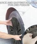 Tesla Model Y Wheel Covers 19 Inch 4 Piece Set sleek rim guards being installed on a tire, heavy duty ABS material, easy one-person installation.
