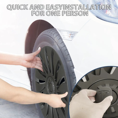 Tesla Model Y Wheel Covers 19 Inch 4 Piece Set sleek rim guards being installed on a tire, heavy duty ABS material, easy one-person installation.