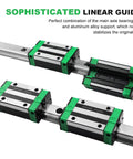 Two HGR20 200mm Linear Guide Rails With Four HGH20CA Carriage Blocks for DIY CNC shown in close-up with green blocks