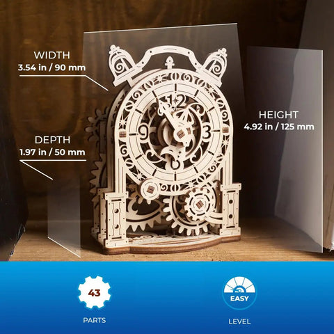 Vintage Mechanical Alarm Clock Kit And 3D Puzzle For Adults Hands On Desk Clock Making Toy Jigsaw Wood Clock Model DIY Brain Teaser Construction Set Four Point Nine Inch Height, wooden 43-part model, 4.92 in tall