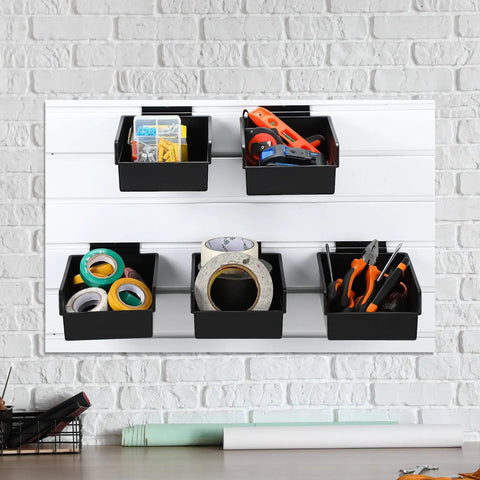 Six Pack Slatwall Bins With Hooks Set For Wall Mounted Storage And Organization Of Tools Accessories Office Garage And Workshop Gear In Black Finish Kit installed with items
