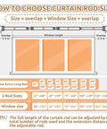 Diagram showing how to choose curtain rod size with measurements, suitable for Outdoor Curtain Rods For Patio Adjustable 32 To 240 Inch Heavy Duty Rod With Wall And Ceiling Mount Matte Black Room Divider Fits One Large Window Or Two Wide Open Windows With Five Holders.