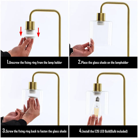Steps to assemble Gold Industrial Stepless Dimmable Table Lamps Set Of 2 With Knob Control And USB A C Ports Brass Desk Lamps.