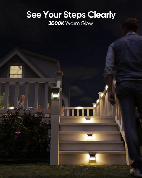 Solar Outdoor Deck Step Lights With Three Sided LED Lamps, 12 Pack, 1000mAh Battery illuminating outdoor steps in warm yellow glow