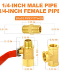 Six Pack 1/4 Inch NPT Brass Pipe Fittings With Ball Valve And Barstock Tee And Air Hose Fittings dimensions displayed