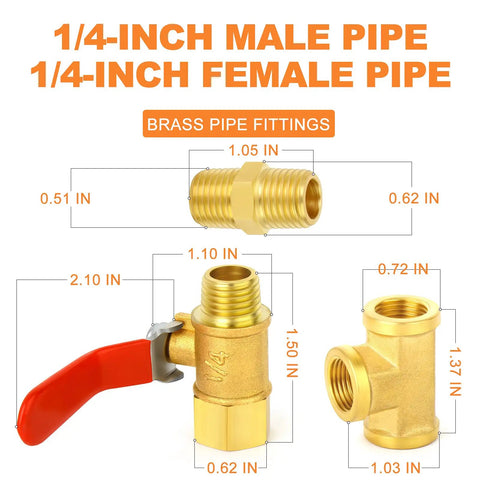 Six Pack 1/4 Inch NPT Brass Pipe Fittings With Ball Valve And Barstock Tee And Air Hose Fittings dimensions displayed