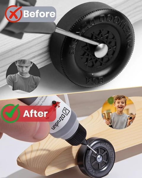 Graphite Powder For Pinewood Derby Cars Half Ounce Dry Lubricant For Axle And Wheel Use With Pinewood Weights Kit High Purity 3000 Mesh Multi Use Lock Lubricant Precision Needle Tip Applicator Race Grade Formula To Cut Friction And Boost Speed being applied to derby wheel.