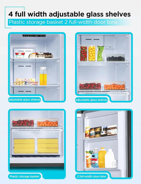 Hella Spacious 11 Cubic Foot Upright Fridge With Durable Glass Shelves And Reversible Door Convertible Freezer Refrigerator For Garage Storage Frost Free Black Unit showing four adjustable glass shelves with food.