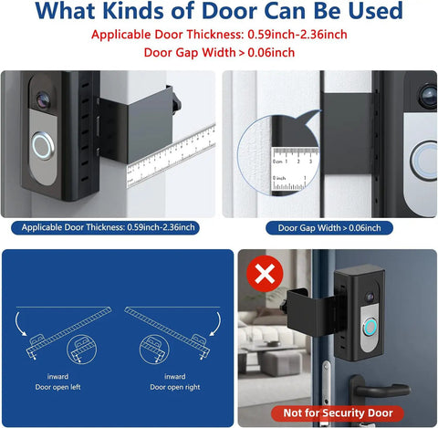 No-Brainer Anti-Theft Video Doorbell Mount For Ring And Blink Wireless Doorbells showing fit for various door thicknesses