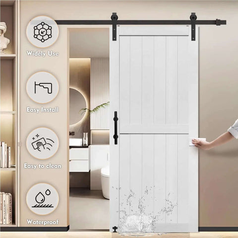 28 Inch By 84 Inch MDF Barn Door With Five Foot Sliding Hardware Kit Waterproof PVC Surface installed in modern interior
