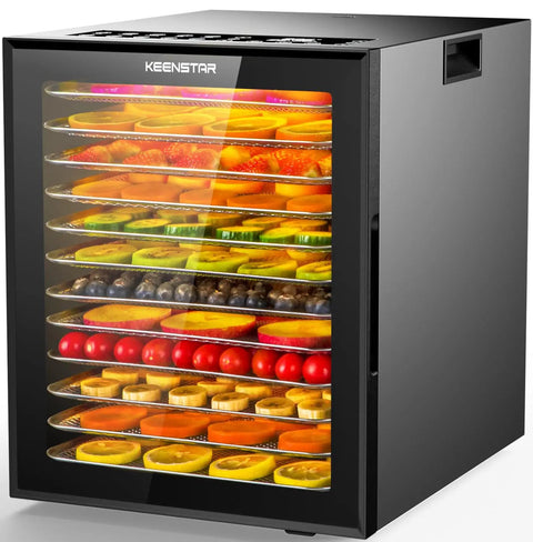Food Dehydrator For Jerky And More With 12 Stainless Steel Trays filled with assorted fruits and veggies