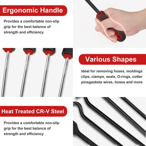 Seventeen Pcs Hook And Pick Tool Set With Scraper For Auto Clip Removal Pliers ergonomic handle detail and tool shapes