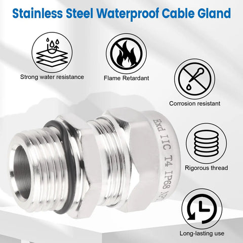 Two Pack 1/2 Inch NPT Stainless Steel Waterproof Cable Gland with IP68 flame retardant and water-resistant properties