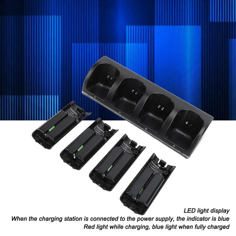 Four In One Remote Controller Charging Dock With Four 2800mAh Rechargeable Battery Packs For Nintendo Wii Remotes USB Powered Controller Charger Stand Black shown on blue background