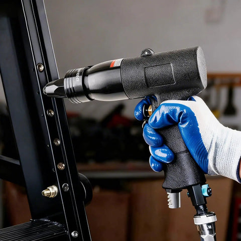 Pro Grade Heavy Duty Pneumatic Rivet Nut Gun Tool With 1 Quarter 5 Sixteenths 3 Eighths Self Locking Heads in use on metal surface