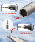 Diagram showing the All In One Ice Anchor Tool Kit drill adapters for 1/2" and 1/4" chucks against icy background