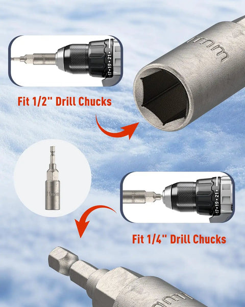 Diagram showing the All In One Ice Anchor Tool Kit drill adapters for 1/2" and 1/4" chucks against icy background
