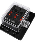 6 Way DC 12 To 32V Blade Fuse Box Holder With LED Warning Light And Protective Cover For Automotive Car Boat Marine Trike Plus Detailed Instruction Manual, showing transparent cover and LED indicators