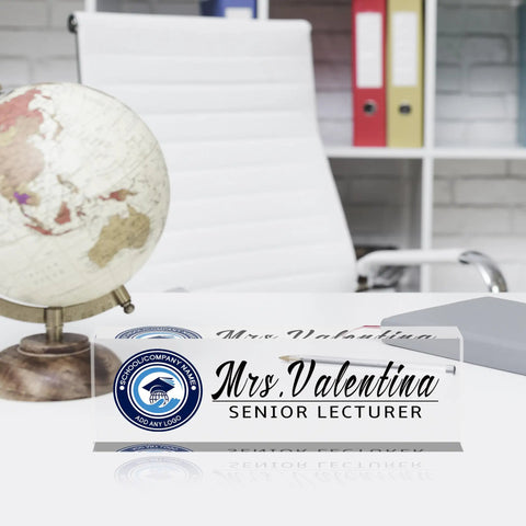 Custom Desk Name Plate With Logo, Personalized Acrylic Name Plate For Office Desk Decor, on a desk with globe and chair
