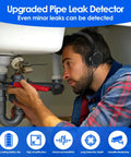 13000x High Amplification Pipe Leak Detector Kit With Rechargeable Battery, Large Headphone, And Field Strength Meter For Home Plumbing Pro Level Leak Finder For Hidden Leaks, Long Battery Life, Fast Accurate Detections. Technician testing sink pipes