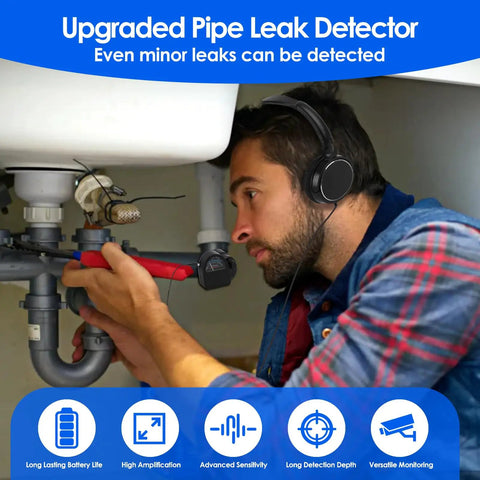 13000x High Amplification Pipe Leak Detector Kit With Rechargeable Battery, Large Headphone, And Field Strength Meter For Home Plumbing Pro Level Leak Finder For Hidden Leaks, Long Battery Life, Fast Accurate Detections. Technician testing sink pipes