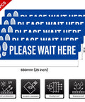 Five Piece Please Wait Here Floor Sign Kit 26 By 6 Inches Self Adhesive Waterproof Vinyl, Durable Social Distancing Markers For Queues And Waiting Areas, Multipack Signage For Busy Shops, blue floor signs stacked