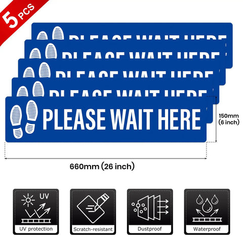 Five Piece Please Wait Here Floor Sign Kit 26 By 6 Inches Self Adhesive Waterproof Vinyl, Durable Social Distancing Markers For Queues And Waiting Areas, Multipack Signage For Busy Shops, blue floor signs stacked
