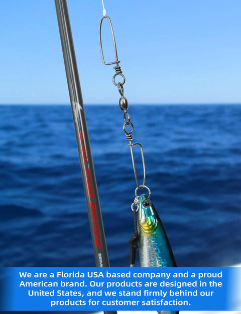 Heavy Duty Double Snap Swivels 200Lb Stainless Steel Coastlock Fishing Connectors attached to lure in ocean