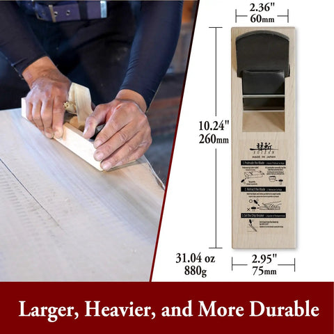 Straight Up Japanese Kanna Wood Planer With Dual Blades For Smooth As Silk Sanding Free Finishing, hand in action on wood.