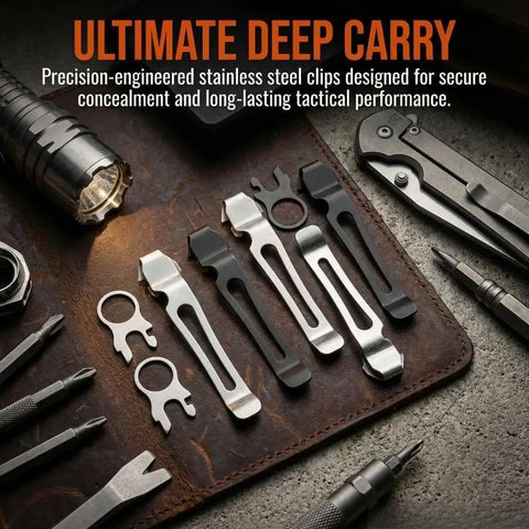 One Pack Pocket Clip And Lanyard Ring Set For Surge Wave Plus Charge AL ALX Ti TTi XTi Multi Tool on leather surface