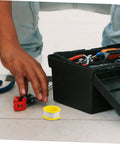 100 Pack Sealant Tape For Plumbing Quick Application To Stop Water Leaks On Pipes And Shower Heads shown with toolbox