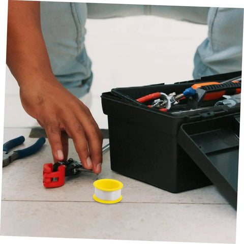 100 Pack Sealant Tape For Plumbing Quick Application To Stop Water Leaks On Pipes And Shower Heads shown with toolbox