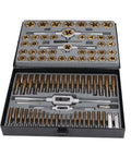 Ultimate 86 Piece Tap Die Set With Hardened Carbide Tools For Automotive Repair And Rethreading Fasteners In Metric And SAE Sizes Plus Storage Box For Pros Who Need Heavy Duty Gear, open case