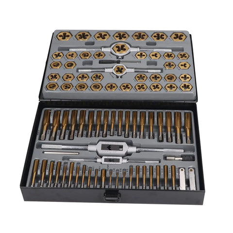 Ultimate 86 Piece Tap Die Set With Hardened Carbide Tools For Automotive Repair And Rethreading Fasteners In Metric And SAE Sizes Plus Storage Box For Pros Who Need Heavy Duty Gear, open case
