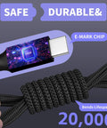 Close-up of Go-To All In One Dual Type C Charging Cable 4 In 1, showing nylon braid durability and E-Mark chip.