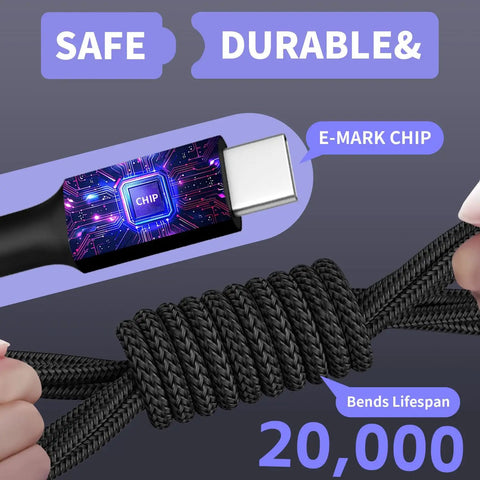 Close-up of Go-To All In One Dual Type C Charging Cable 4 In 1, showing nylon braid durability and E-Mark chip.