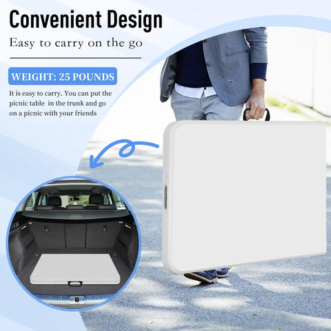Person carrying Heavy Duty 6 Foot Folding Table Portable Fold In Half Utility Table For Indoor Outdoor Use With Handle And Lock