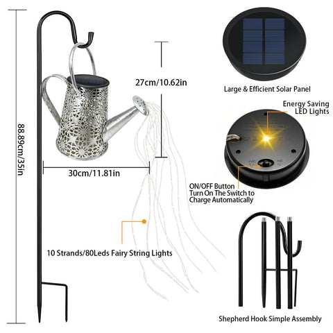 Diagram of solar watering can lights, large retro metal hanging outdoor LED decor, waterproof garden light, warm white glow